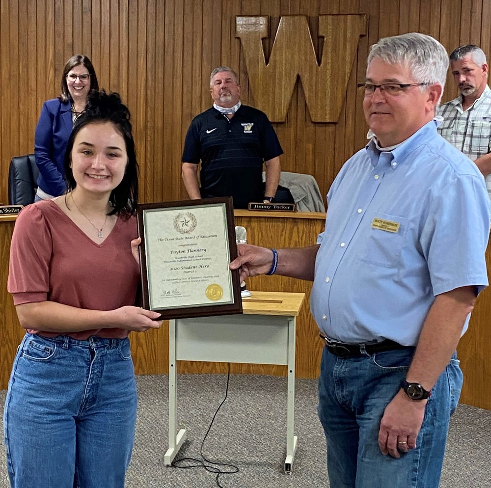 Payton Flannery Honored at WISD School Board Meeting Woodville Middle