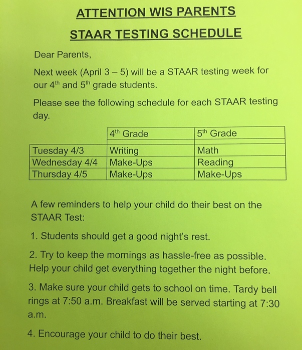 2018 WIS STAAR Testing Schedule